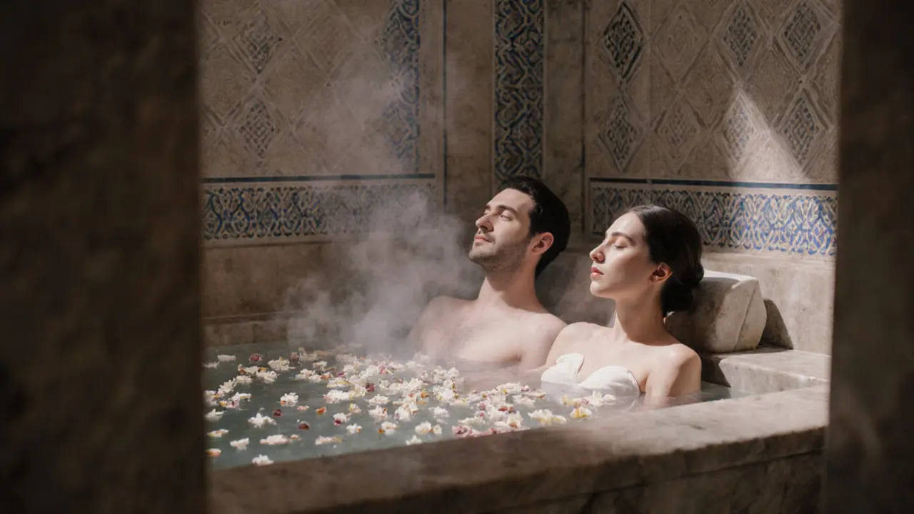 A couple enjoying a private spa bath with soft lighting and ornate Islamic design elements in Dubai.
