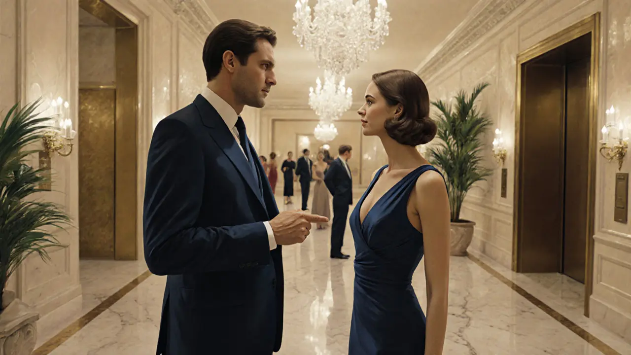 A man and woman exchanging a polite nod in a luxury hotel lobby at night, discreet and professional atmosphere.
