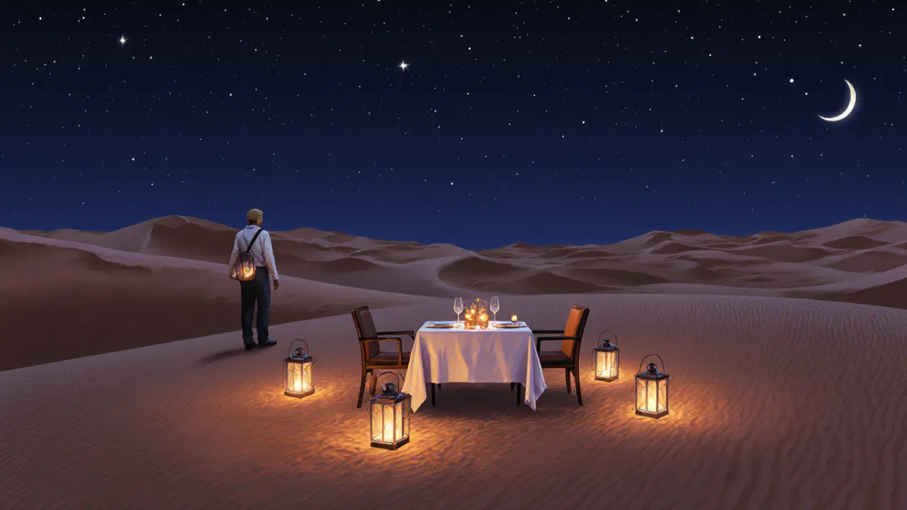 A private desert dinner under the stars for two, with lanterns and dunes surrounding them in the UAE.