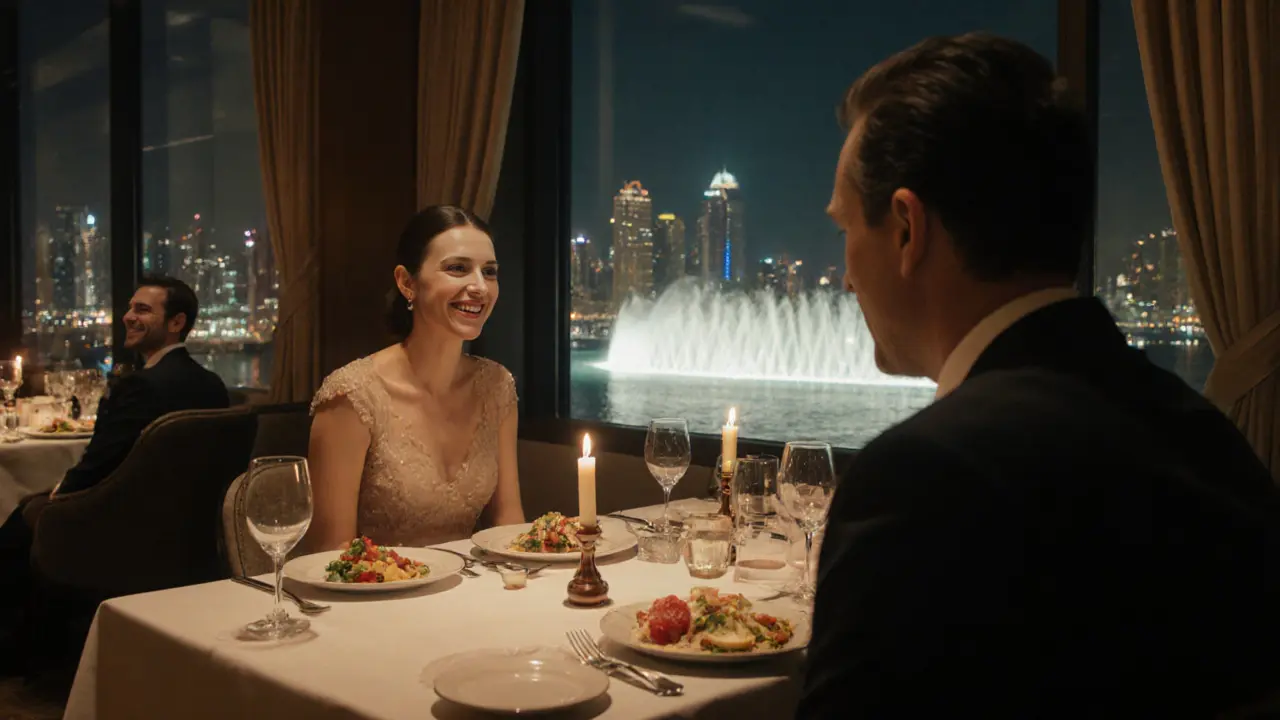 A refined couple enjoying a quiet dinner at Zuma restaurant in Dubai, candlelight reflecting off fine china.