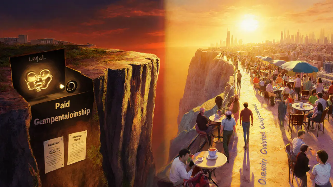 Cliffside path split between illegal companionship dangers and authentic social connections.