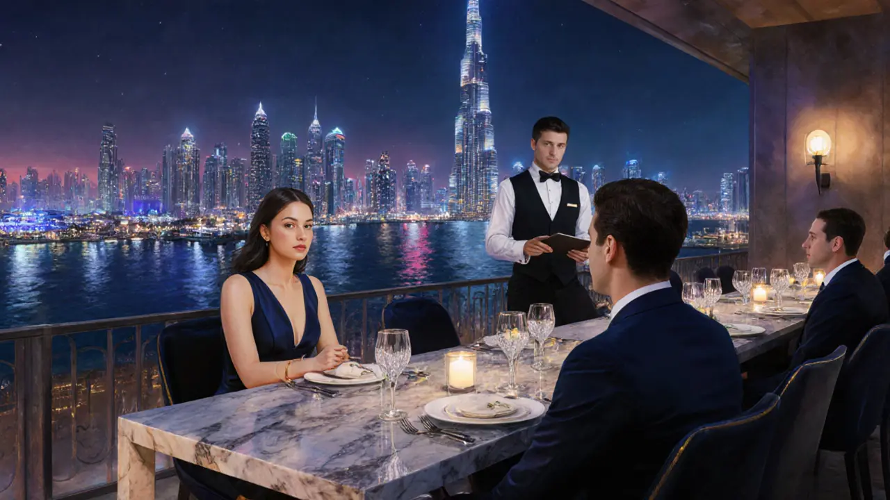 Companion and guest sharing an elegant dinner on a rooftop with Burj Khalifa view.