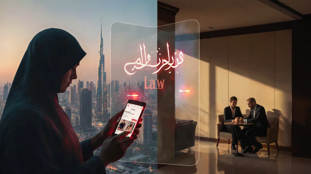 Contrast between illegal escort ads and legal companionship in Dubai, separated by a legal shield.