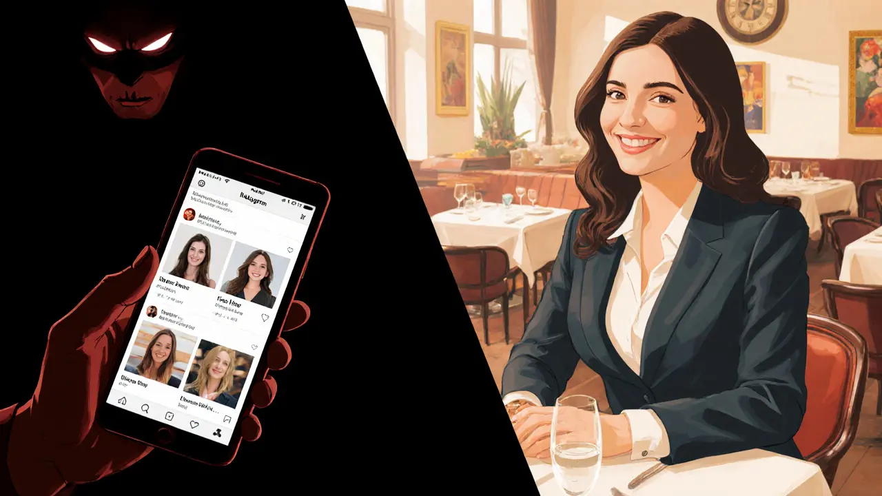 Contrasting images: fake online profiles vs. a professional woman dining with a client.