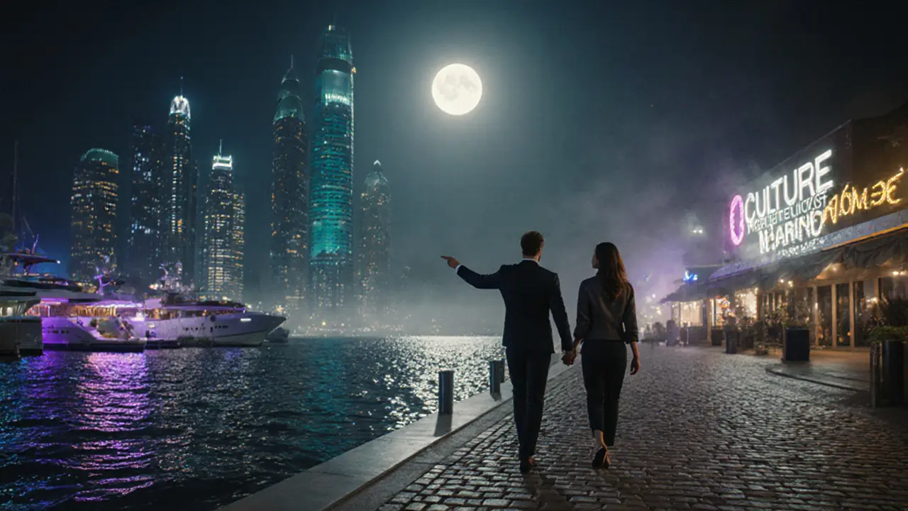 Couple strolling along Dubai Marina promenade at night with illuminated yachts and city lights.