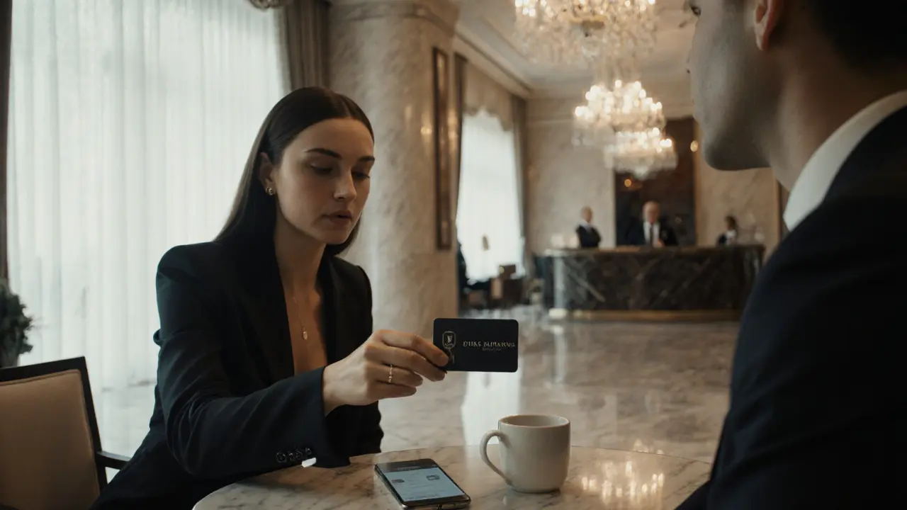 Discreet hotel lobby meeting with model showing ID and a blurred phone app.