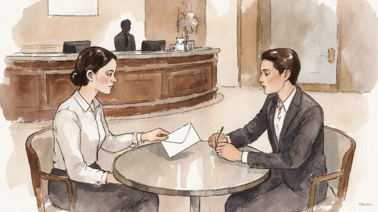 Discreet meeting in a modern café lobby where a companion and client discuss plans.