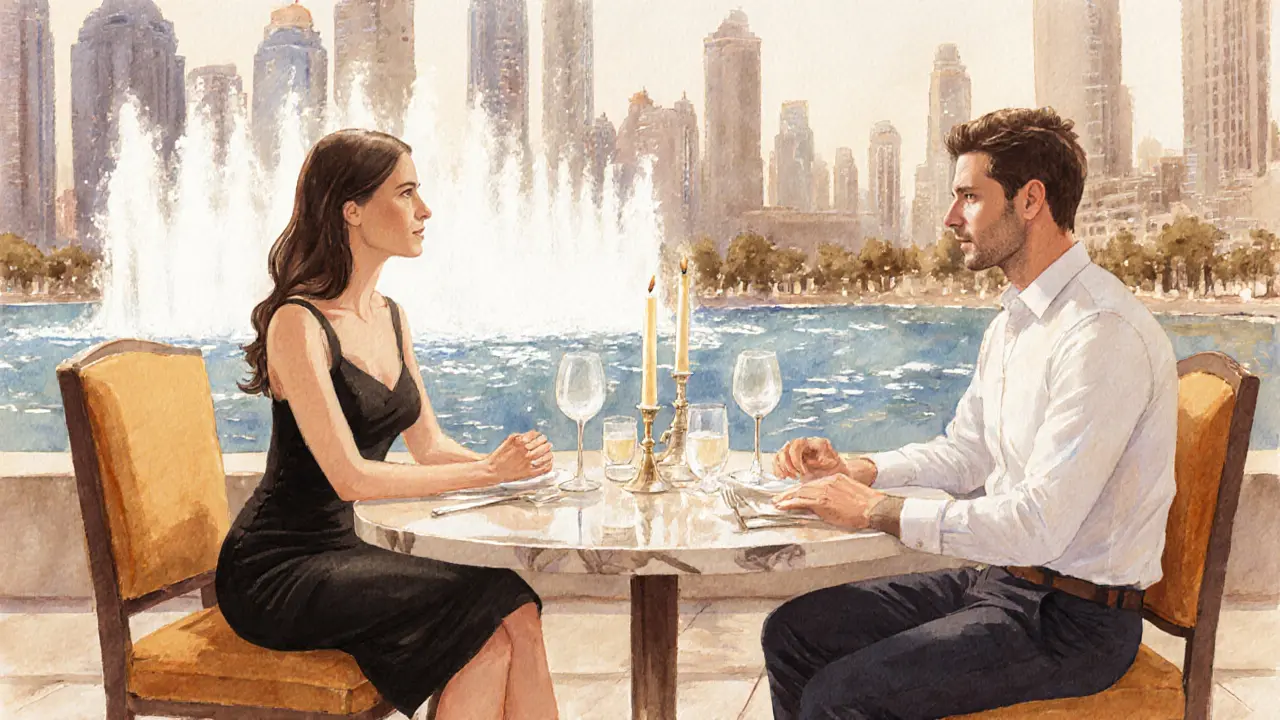 Elegant dinner scene with a Euro escort and client at a high‑end restaurant near the Dubai Fountain.