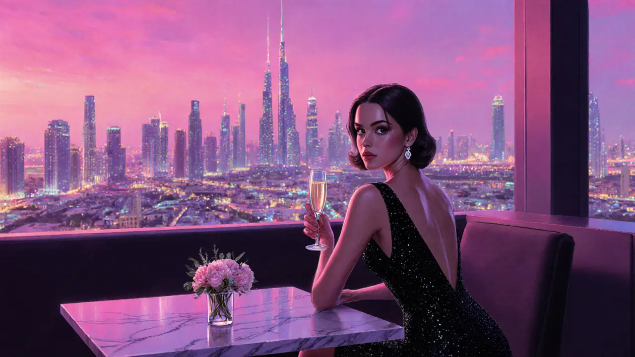 Elegant European escort at a rooftop lounge, holding champagne with Dubai skyline behind.