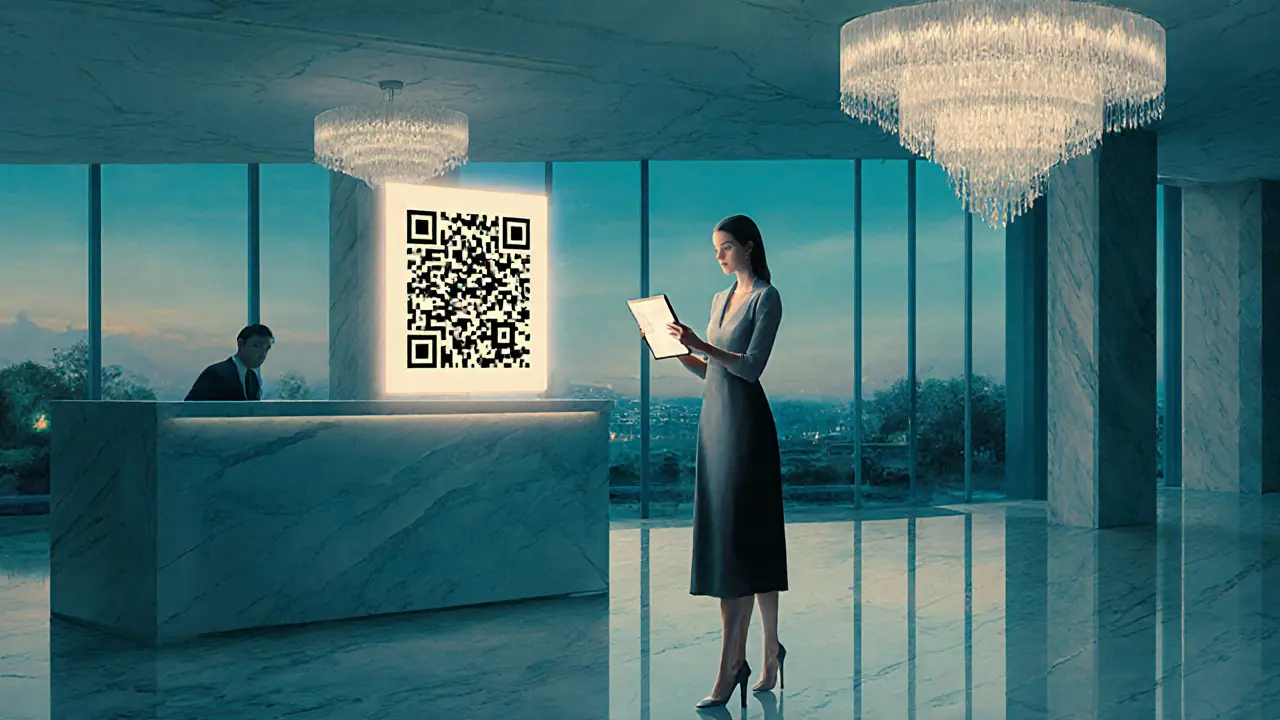 Elegant woman in hotel lobby holding tablet with crypto QR code.