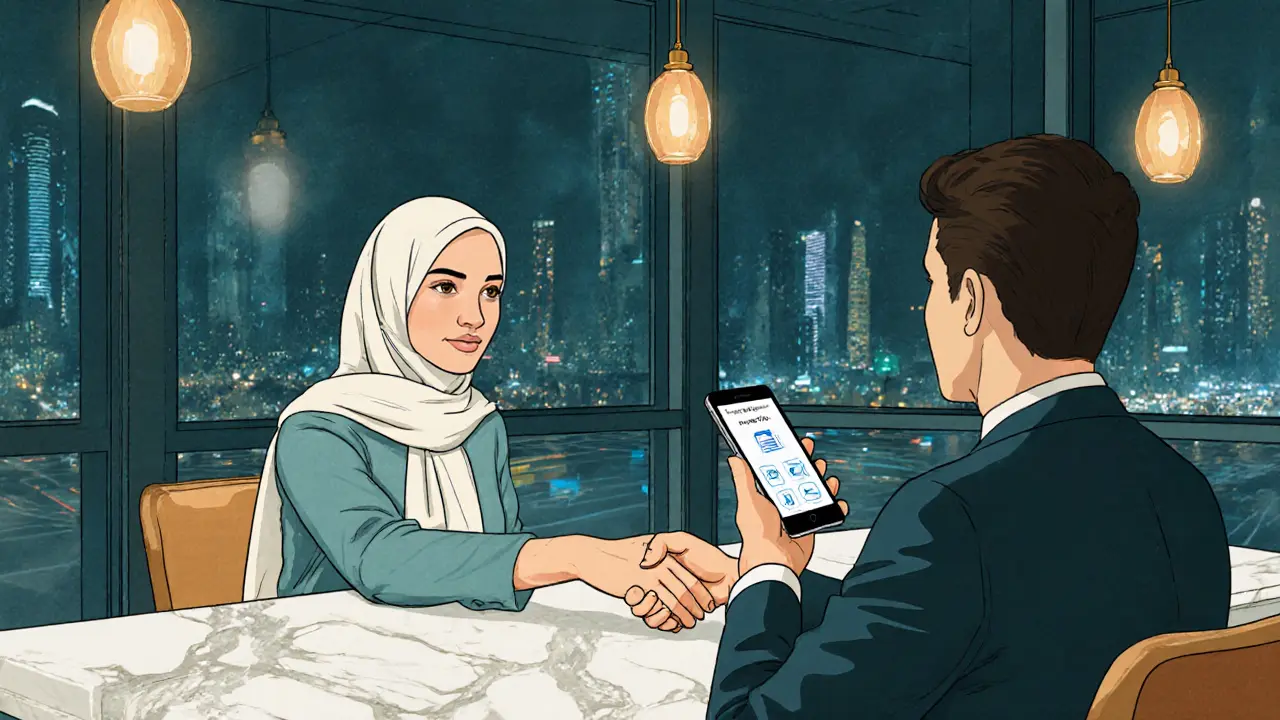 Elegantly dressed companion shaking hands with client in a café, smartphone showing secure payment.