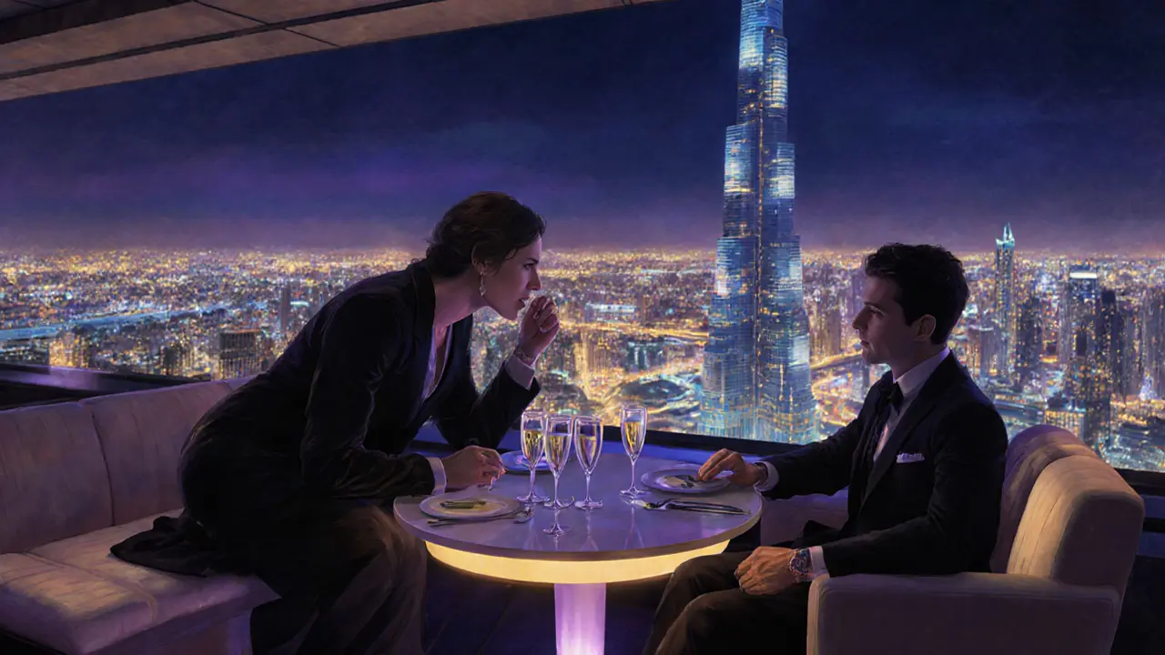 Elite companion and guest enjoying champagne at a rooftop lounge overlooking Burj Khalifa at night.
