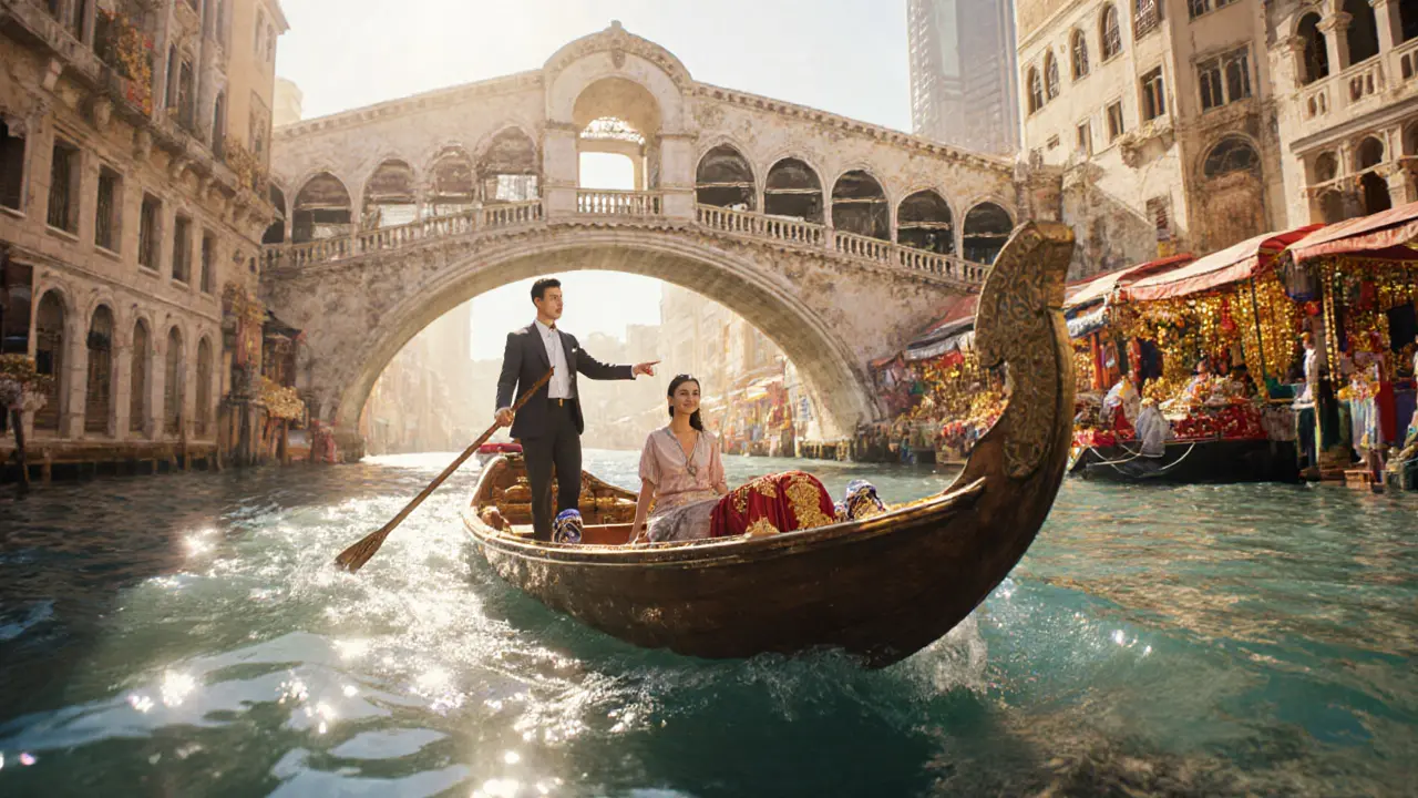 Escort and traveler on an abra boat navigating Dubai Creek near the Gold Souk.