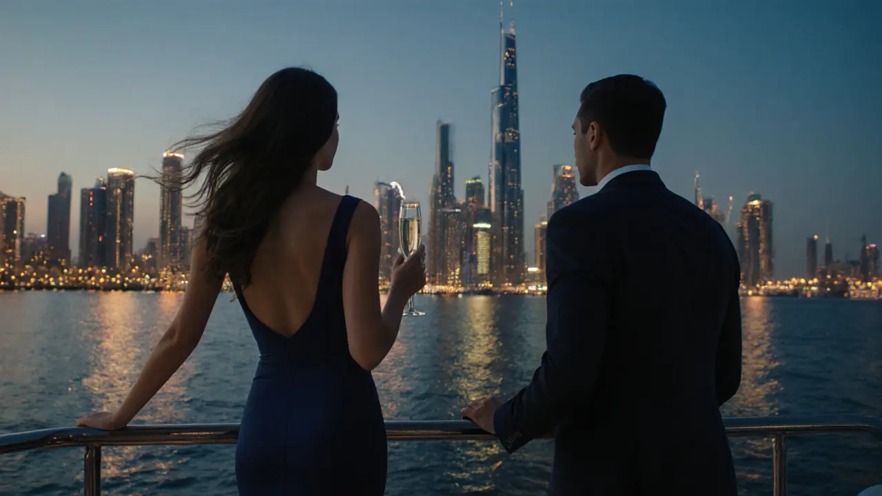 Euro escort and client enjoying champagne on a private yacht in Dubai Marina at twilight.