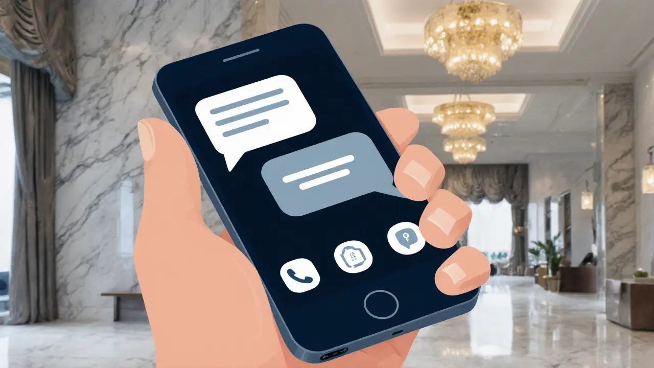 Hand holding phone with blurred encrypted chat bubbles, hotel lobby reflected.