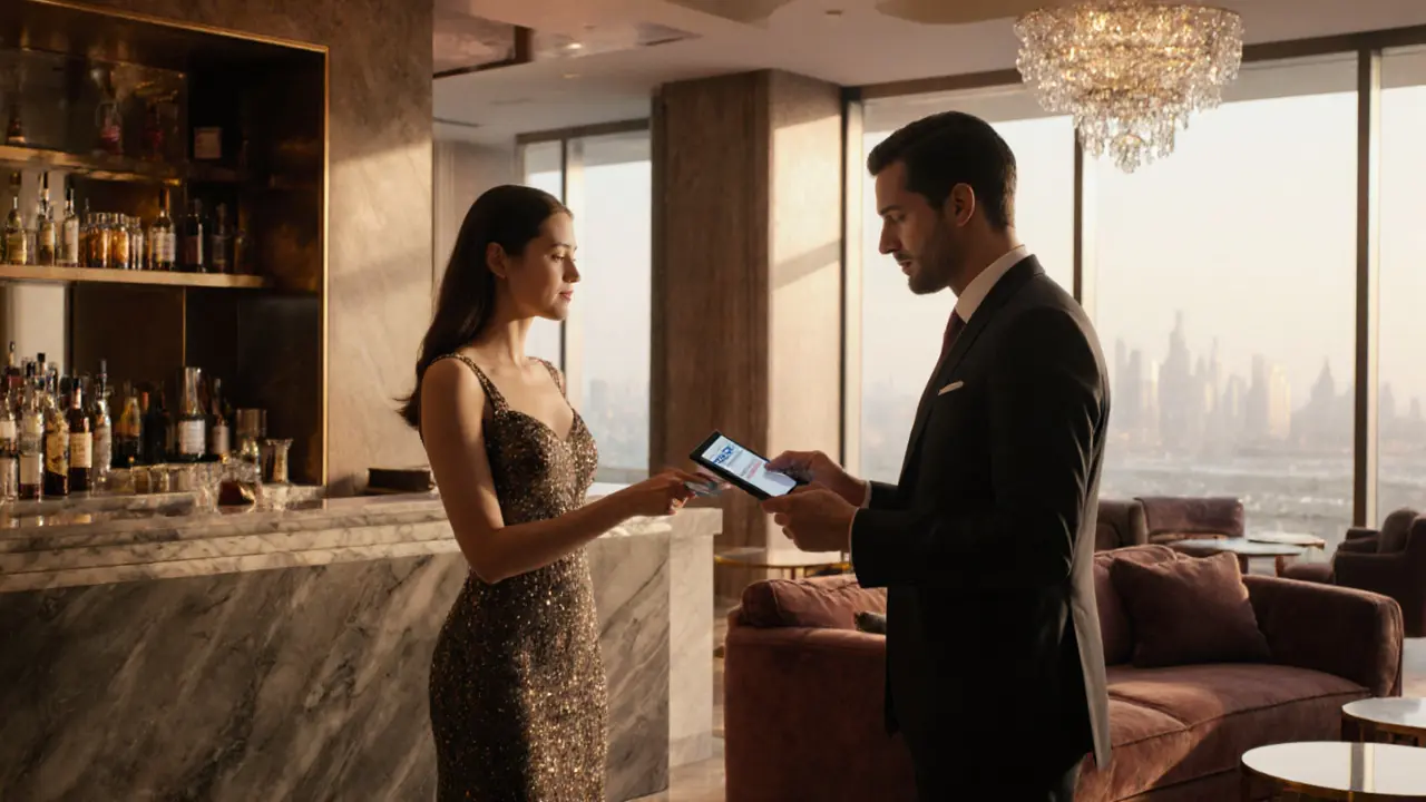 Hotel lounge meeting with ID verification between a man and a woman.