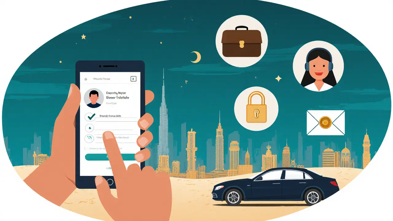 Illustration of safety checklist icons with Dubai skyline background.