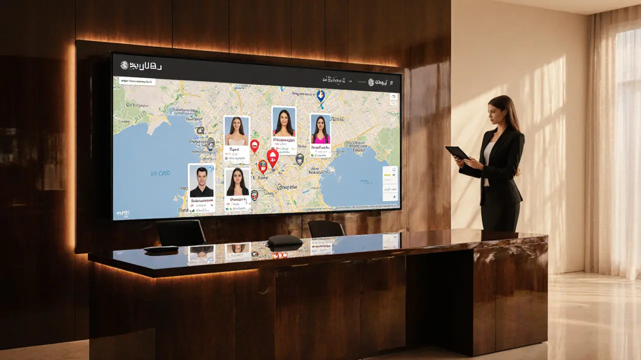 Luxurious agency office displaying verified escort profiles on a screen with a Dubai map.
