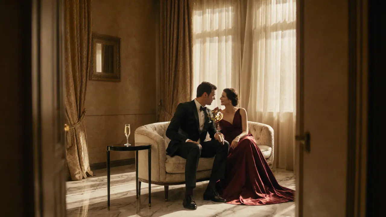 Luxurious hotel suite scene with a client and an elegant companion sharing champagne.