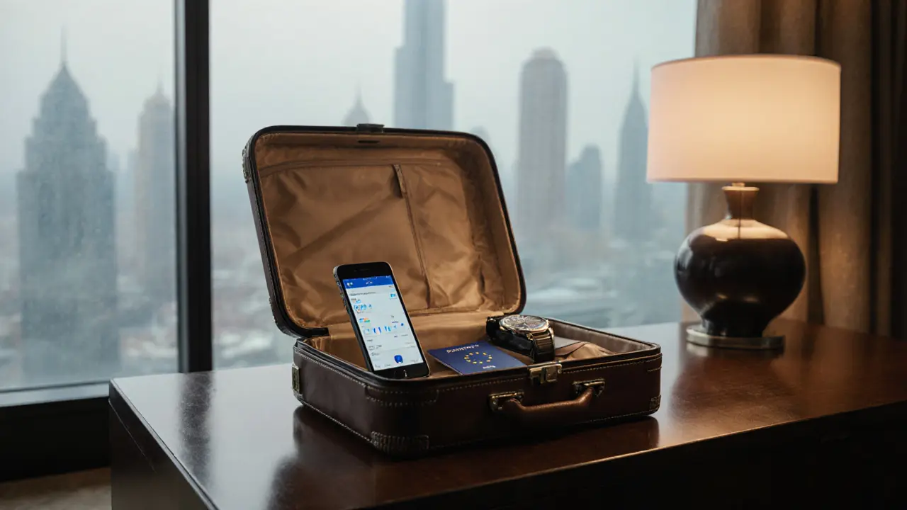 Luxury suitcase and smartphone on a desk, indicating a high‑end booking process.