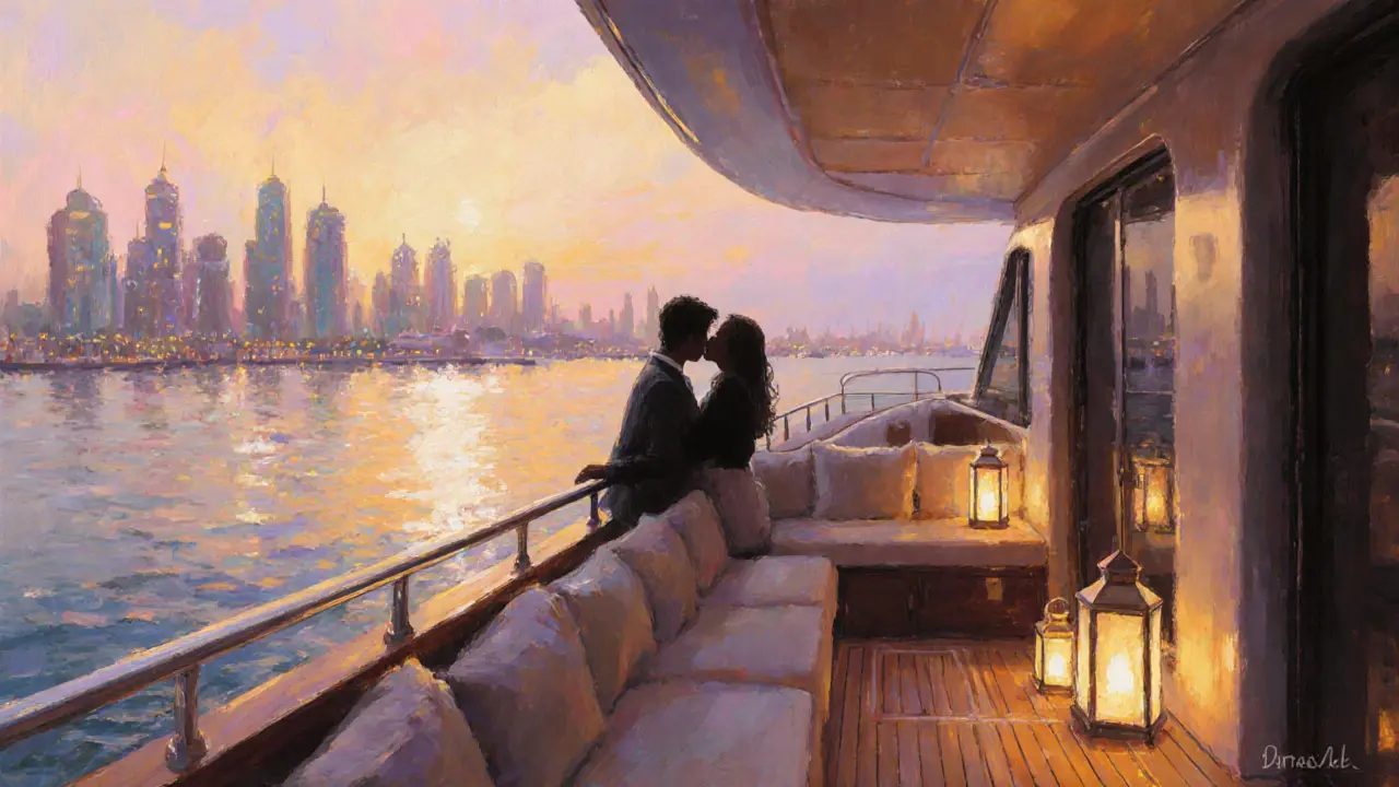 Private yacht cruising Dubai Marina at sunset, a couple silhouetted on deck.