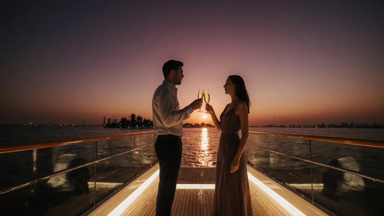 Private yacht sunset scene with a companion and guest enjoying champagne.