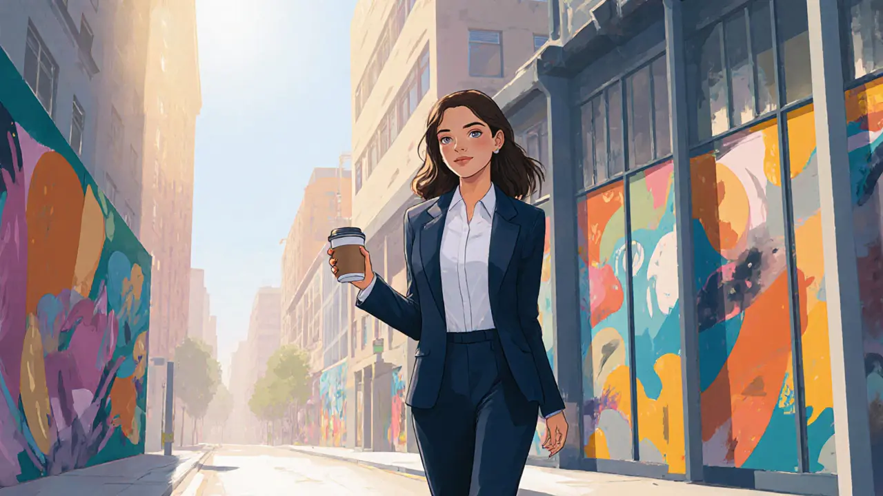 Professional female companion walking through an art district in Dubai, holding coffee, dressed professionally.