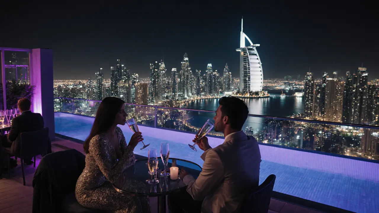 Rooftop bar scene with escort and client sipping champagne, city skyline behind.
