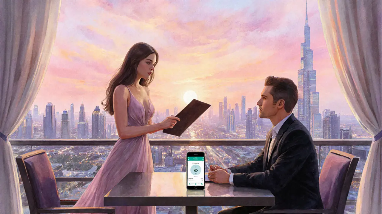 Rooftop restaurant sunset with a companion showing a menu and payment app.