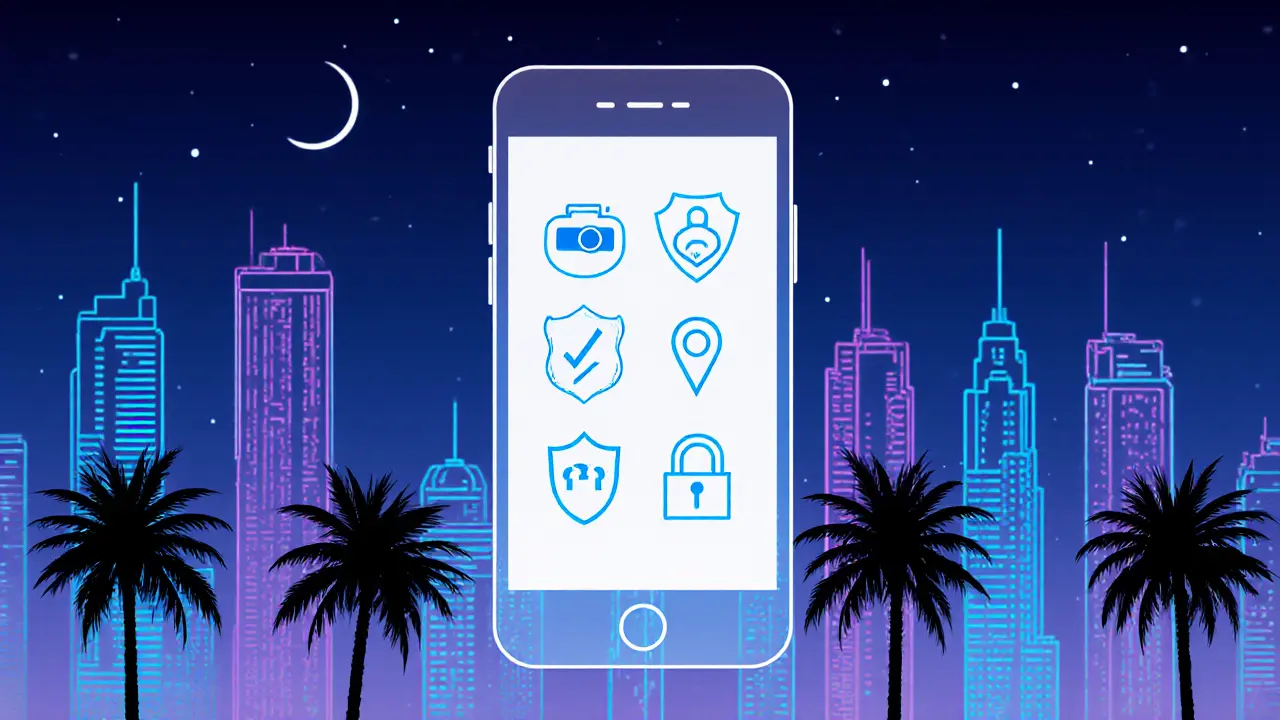 Smartphone overlay on Dubai night scene showing icons for verification, health, public meeting, and secure payment.