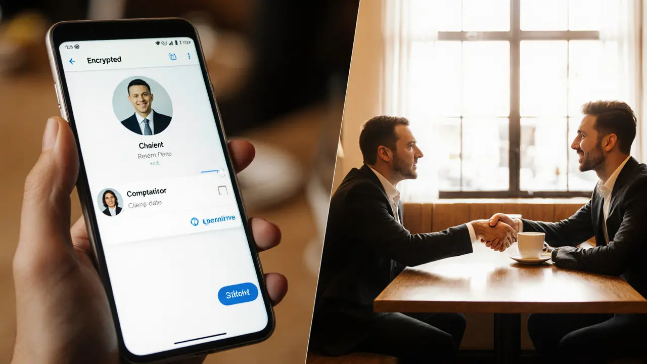 Smartphone showing encrypted chat and a public café meeting for verification.