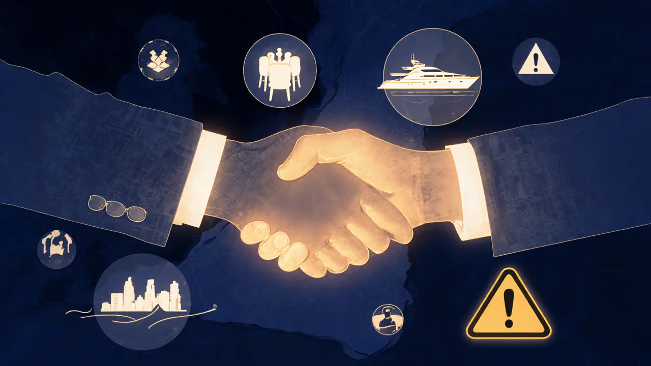 Transparent handshake over a Dubai map with icons of companionship activities, shadowy warnings in background.