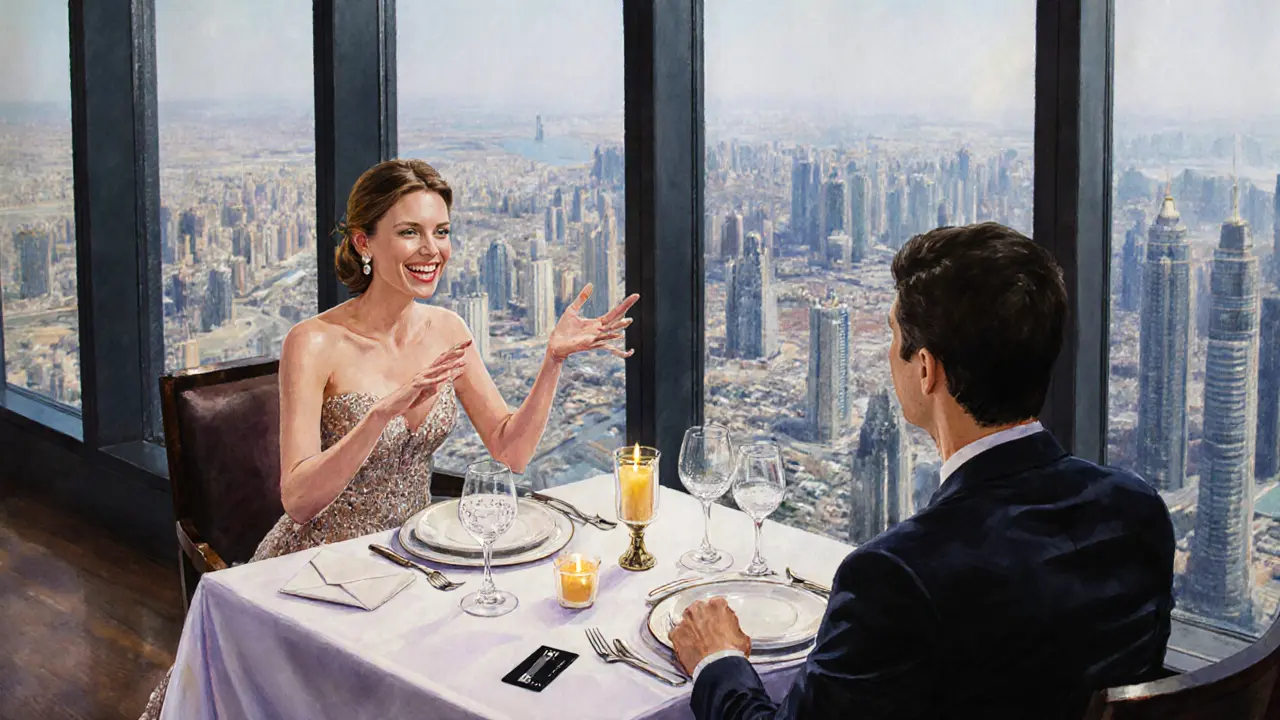 Watercolor illustration of dinner with escort at At.mosphere, city view visible.