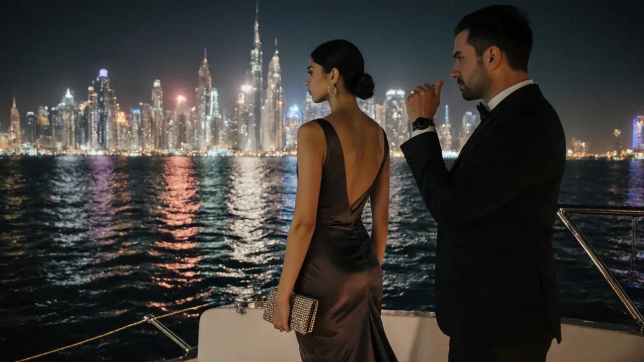 Woman walking away from a yacht party under Dubai&#039;s skyline, respected and dignified.