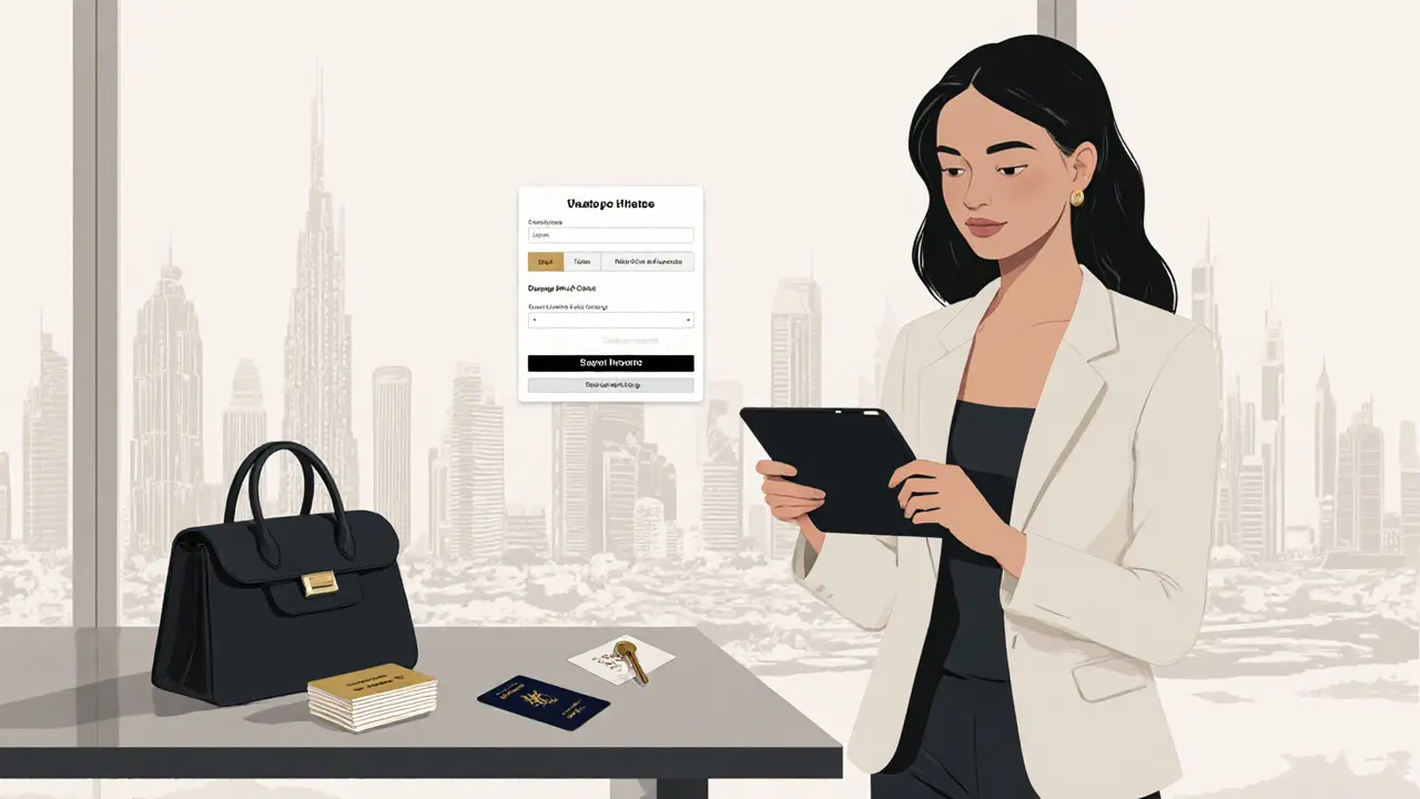 A confident woman standing in a modern Dubai apartment with a private booking portal and symbols of autonomy.