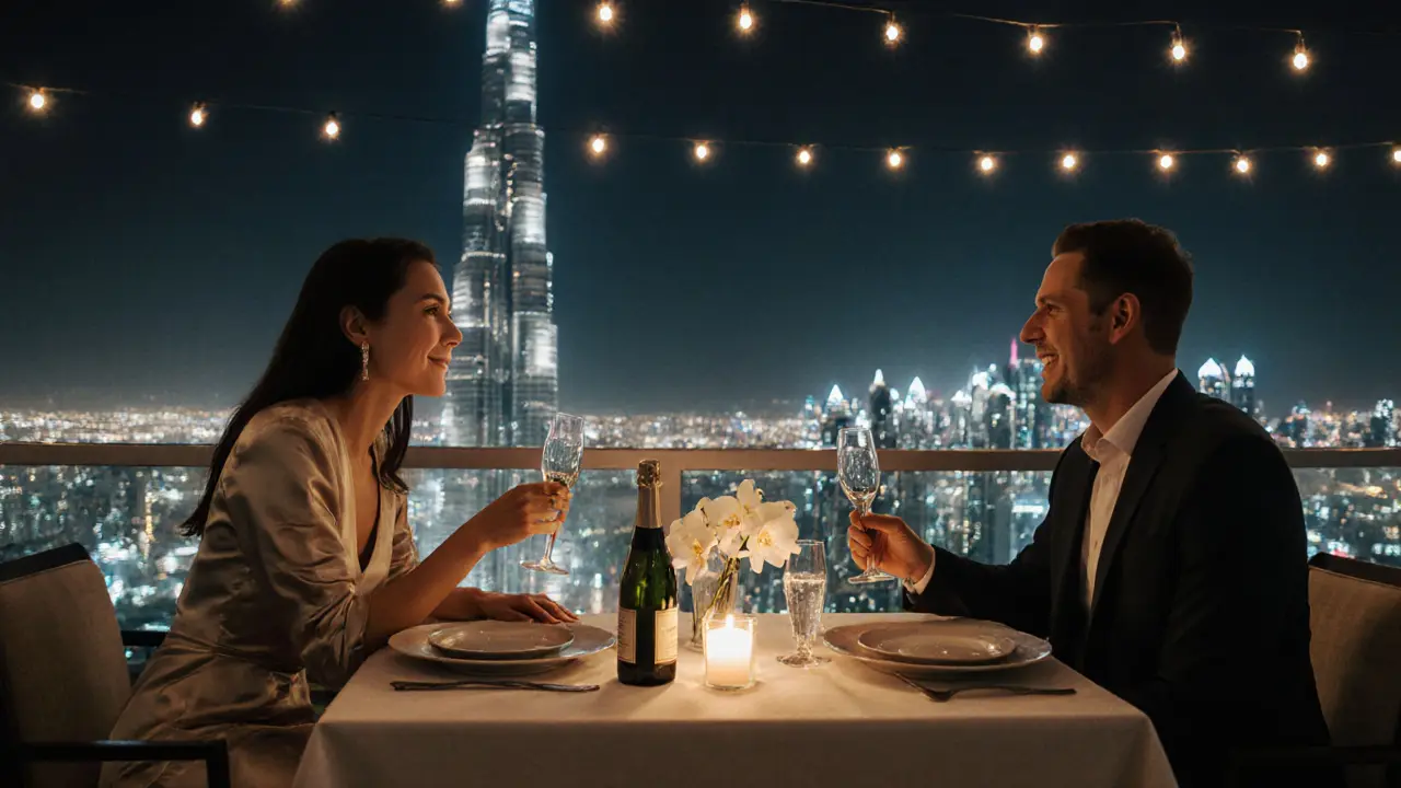 A couple enjoying a candlelit dinner on a Dubai rooftop with the Burj Khalifa in the background.
