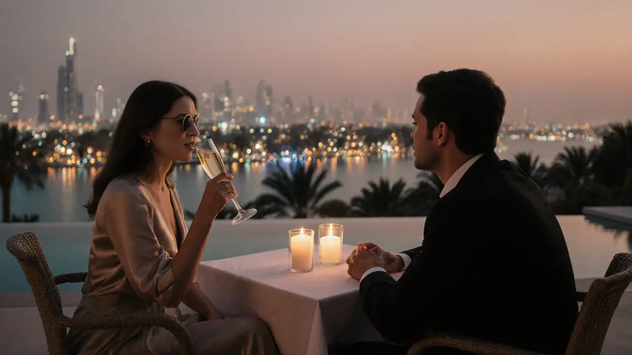 A couple enjoying a quiet sunset dinner on a private villa terrace overlooking the Palm Jumeirah.