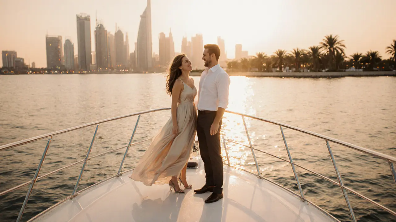 A couple standing on a luxury yacht at sunset, overlooking Palm Jumeirah with the city lights beginning to glow.