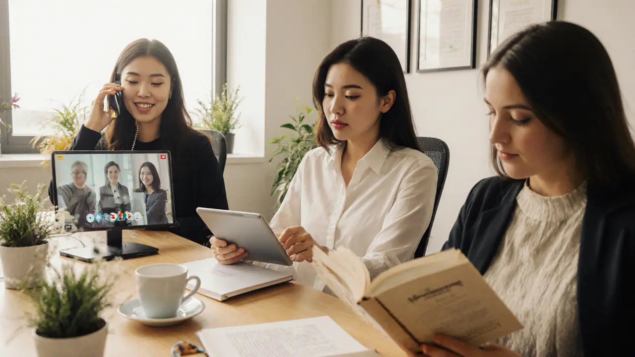 A diverse group of independent companions working in a bright, modern Dubai co-working space.