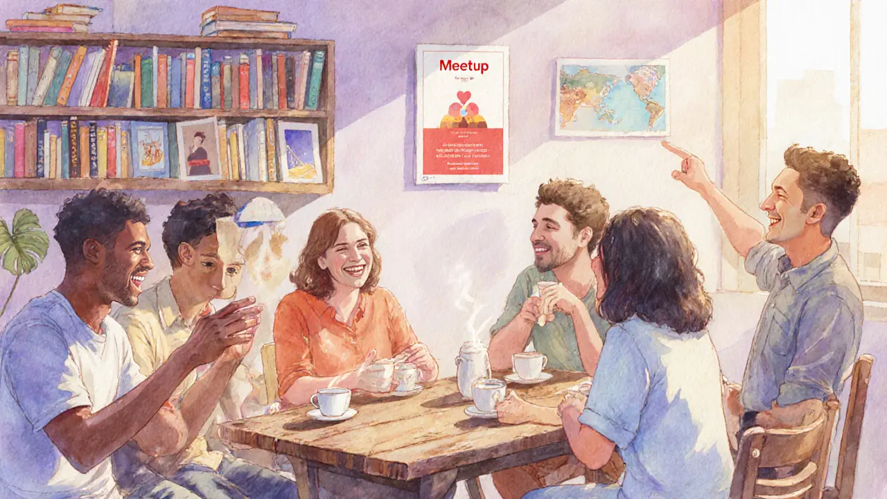 A diverse group of people enjoying coffee and conversation in a vibrant Dubai art district, surrounded by books and cultural decor.