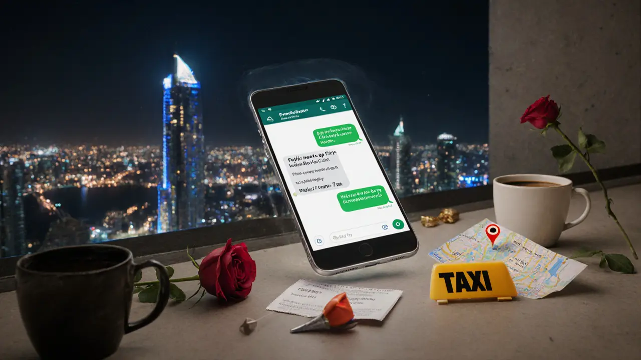 A floating smartphone showing a safe meeting plan on WhatsApp, with coffee, map, and rose nearby on a balcony.