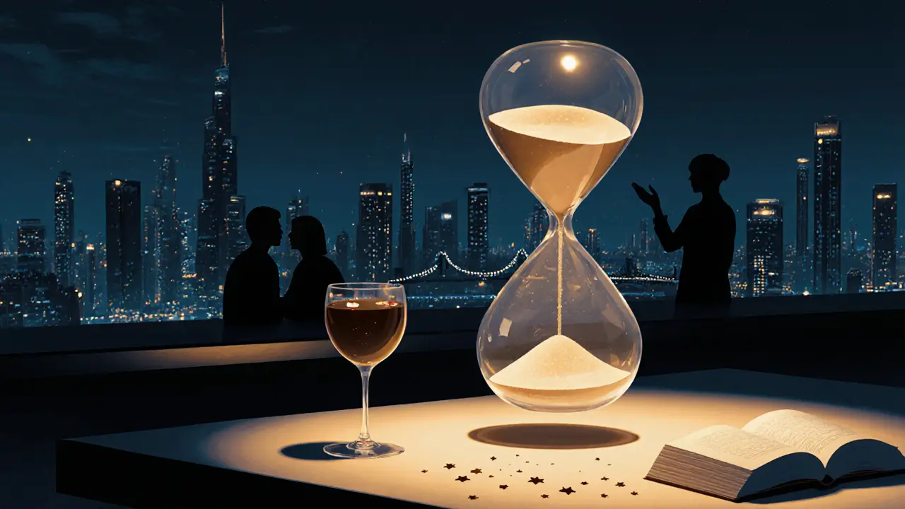 A glowing hourglass above Dubai’s skyline, symbolizing time and connection, with silhouettes of two people talking softly.