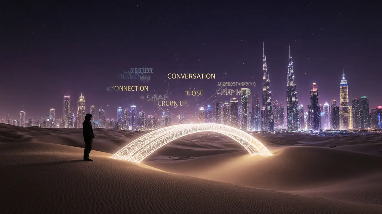 A glowing transparent bridge connects a solitary figure in the desert to the lit-up Dubai skyline, symbolizing emotional connection.