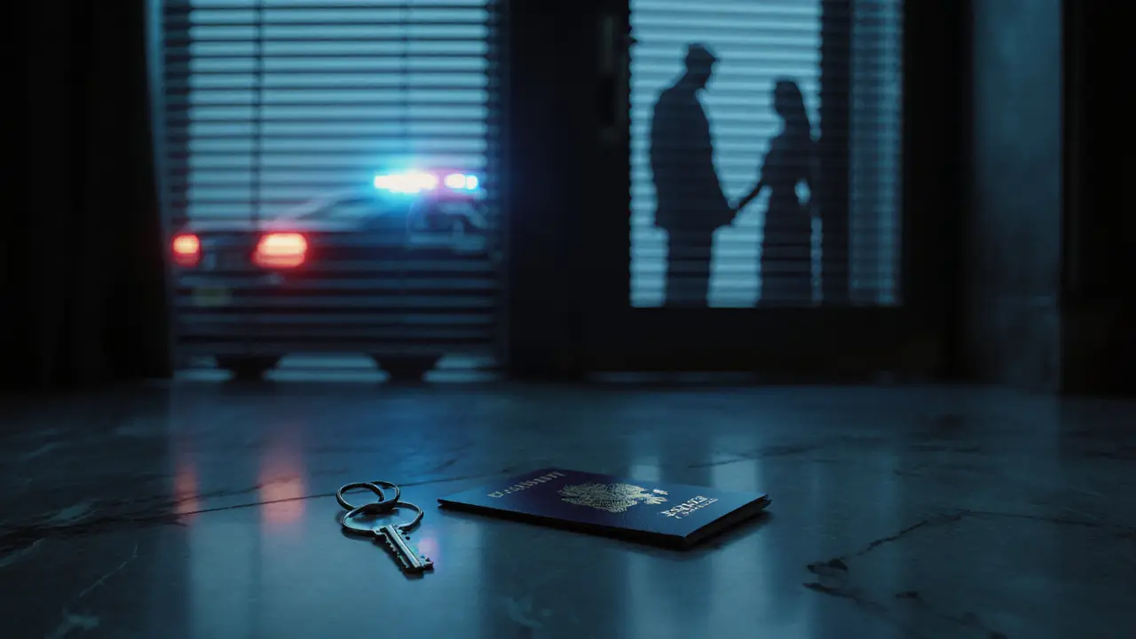A hotel keycard and passport lie on the floor, police sirens glow through blinds, symbolizing legal risk.