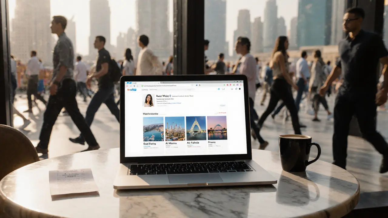 A laptop showing verified companion profiles on a café table in Dubai, with coffee and receipt nearby, tourists blurred in background.
