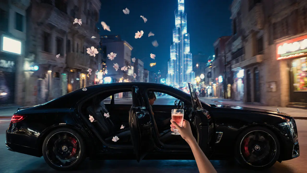 A luxury car driving through Dubai’s midnight streets, jasmine petals drifting in the breeze.