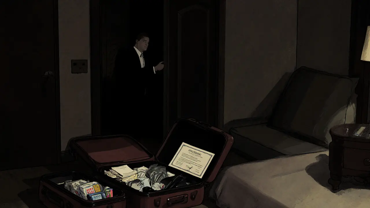 A luxury hotel room with suitcases and a wedding certificate, hinting at privacy rules.