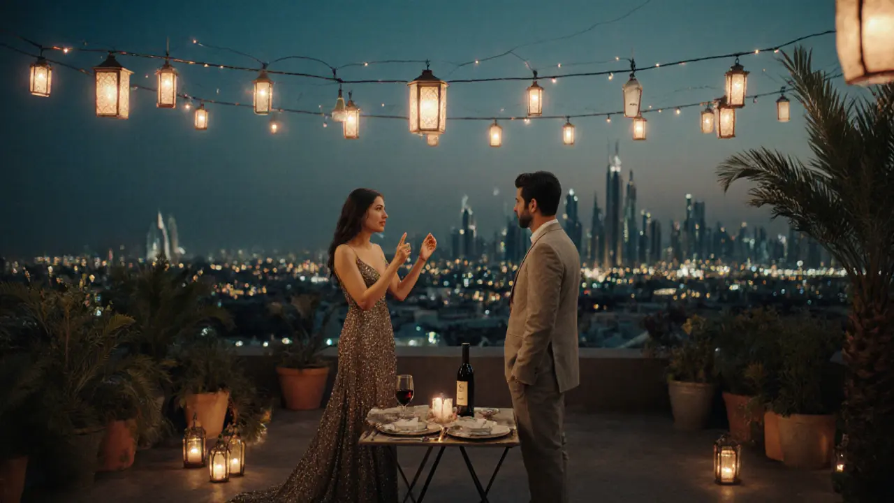 A man and woman enjoying a private dinner at a stylish rooftop garden with Dubai’s skyline in the background.