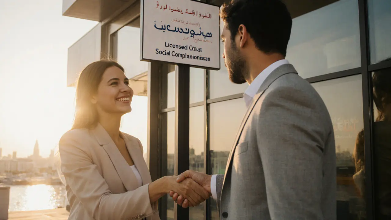 A man and woman shaking hands outside a licensed social companionship agency in Dubai Marina, professional and safe.
