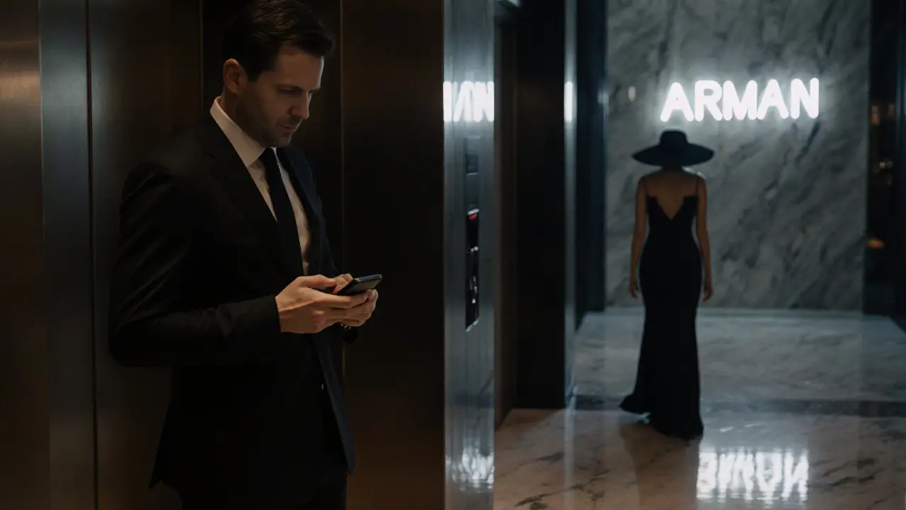 A man waits in a high-end hotel lobby as a mysterious woman approaches, both shrouded in discretion and elegance.